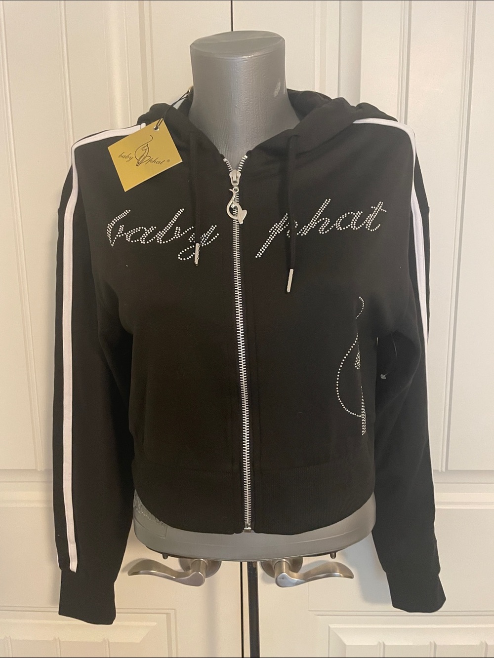 Baby Phat Black Rhinestone Zip-Up Hoodie Jacket with White Stripe